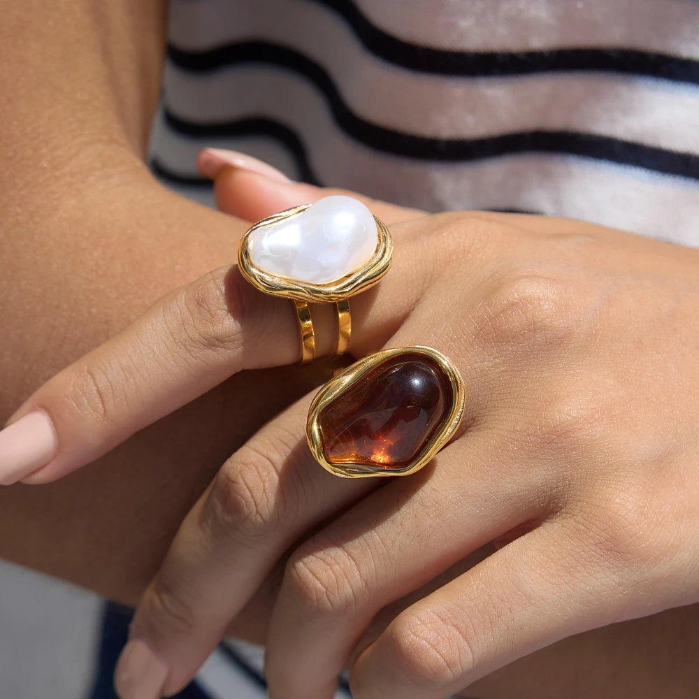 KIKA Chunky Imitation Baroque Pearl Resin Open Rings For Women 18K Gold PVD Plated Stainless Steel 316L