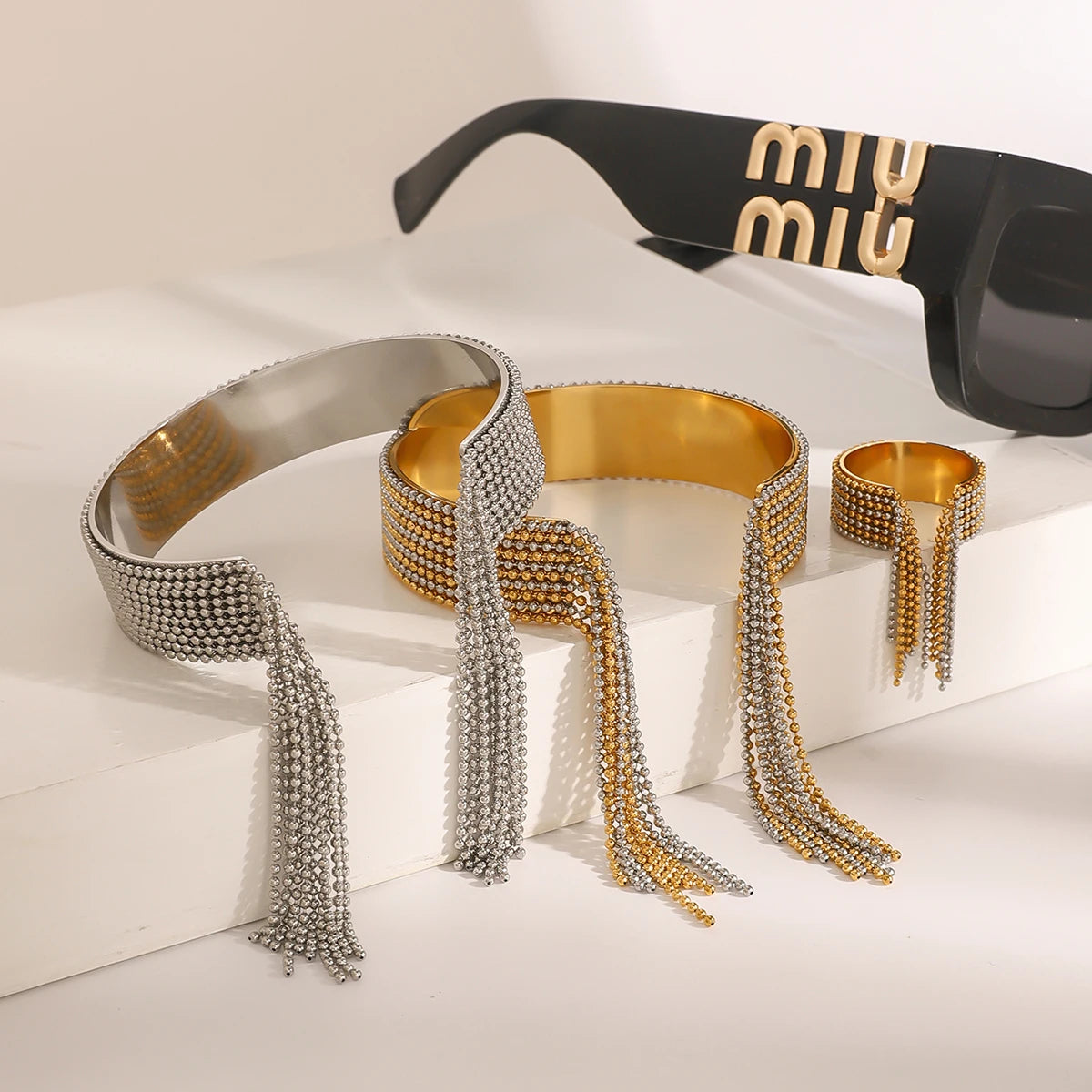 KKA Personality Tassel Cuff Bracelet Bangle Gold And Silver Color Blocked Chain Bracelet Women's
