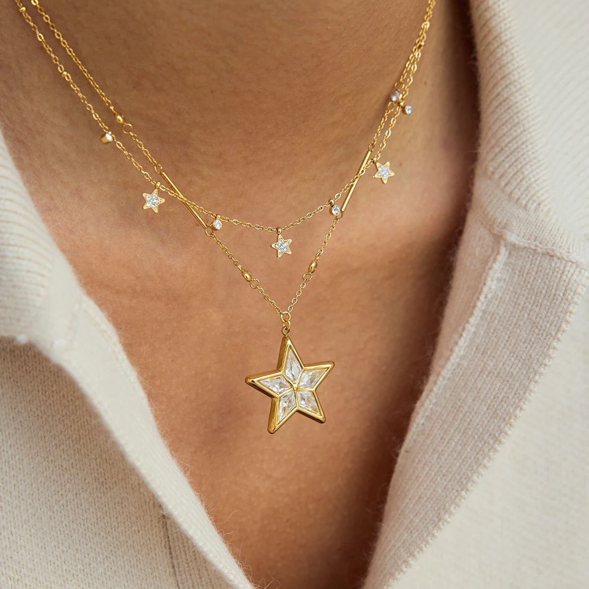 Kika Plated Gold Color Shiny Zircon Star Pendant Necklace