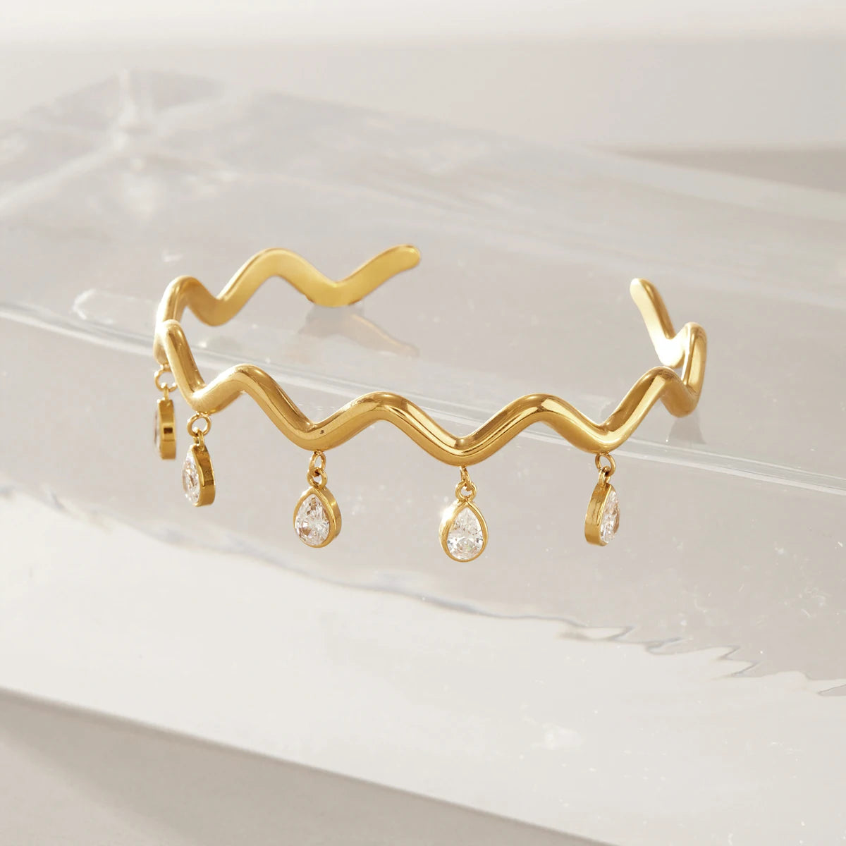 KIKA Water Drop Zircon Wave Shape Cuff Bracelet PVD 18K Gold Plated Stainless Steel 316L