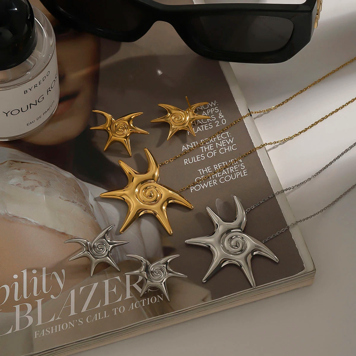 Kika Beach Stainless Steel Starfish Vortex Spiral Ear Studs Star Thread Earrings