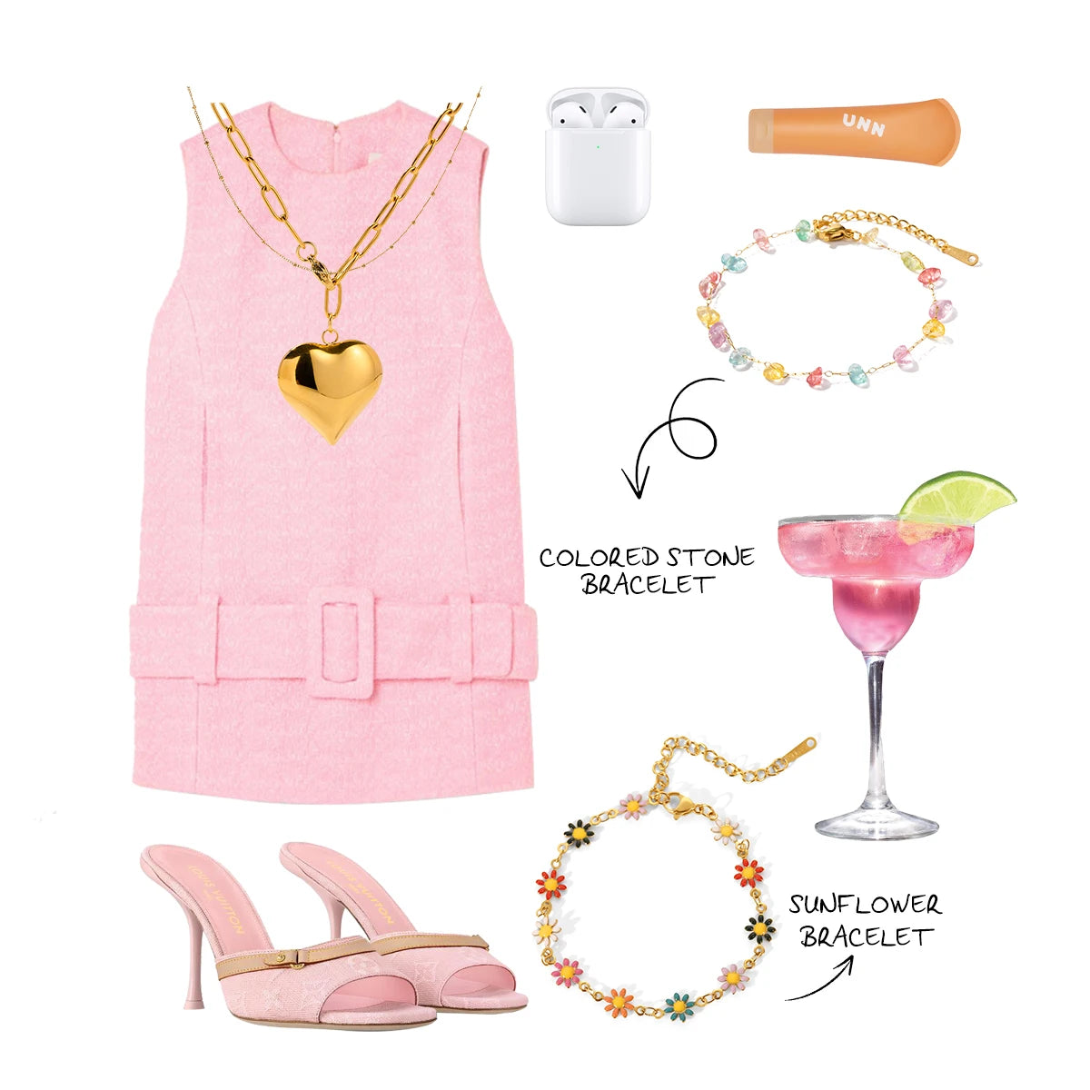 Kika Fashion Trend 18k Gold Color Plated Stainless Steel Heart-Shaped Pendant Necklace Natural Stone Colored Bracelet