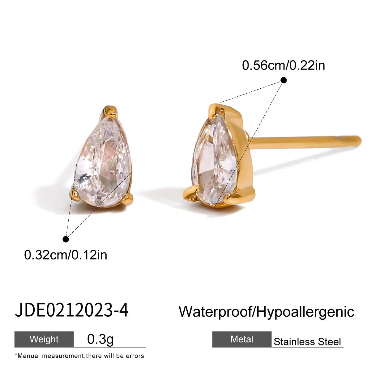 KIKA Bling Cubic Zirconia White Zircon Stud Earrings 18K Gold PVD Plated Stainless Steel 316L