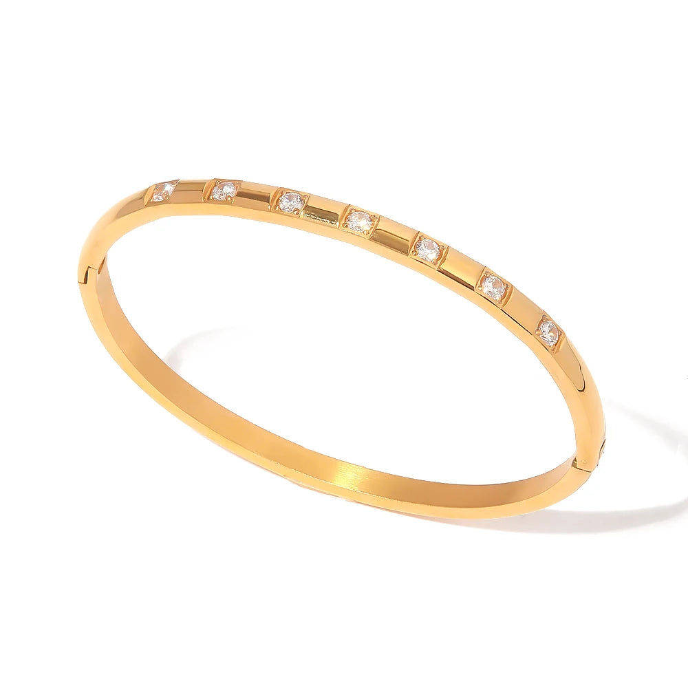 KIKA Luxury 18K Gold Plated White Round Zirconia Stainless Steel Bangles Band For Ladies Daily Wearing bijoux acier inoxidable