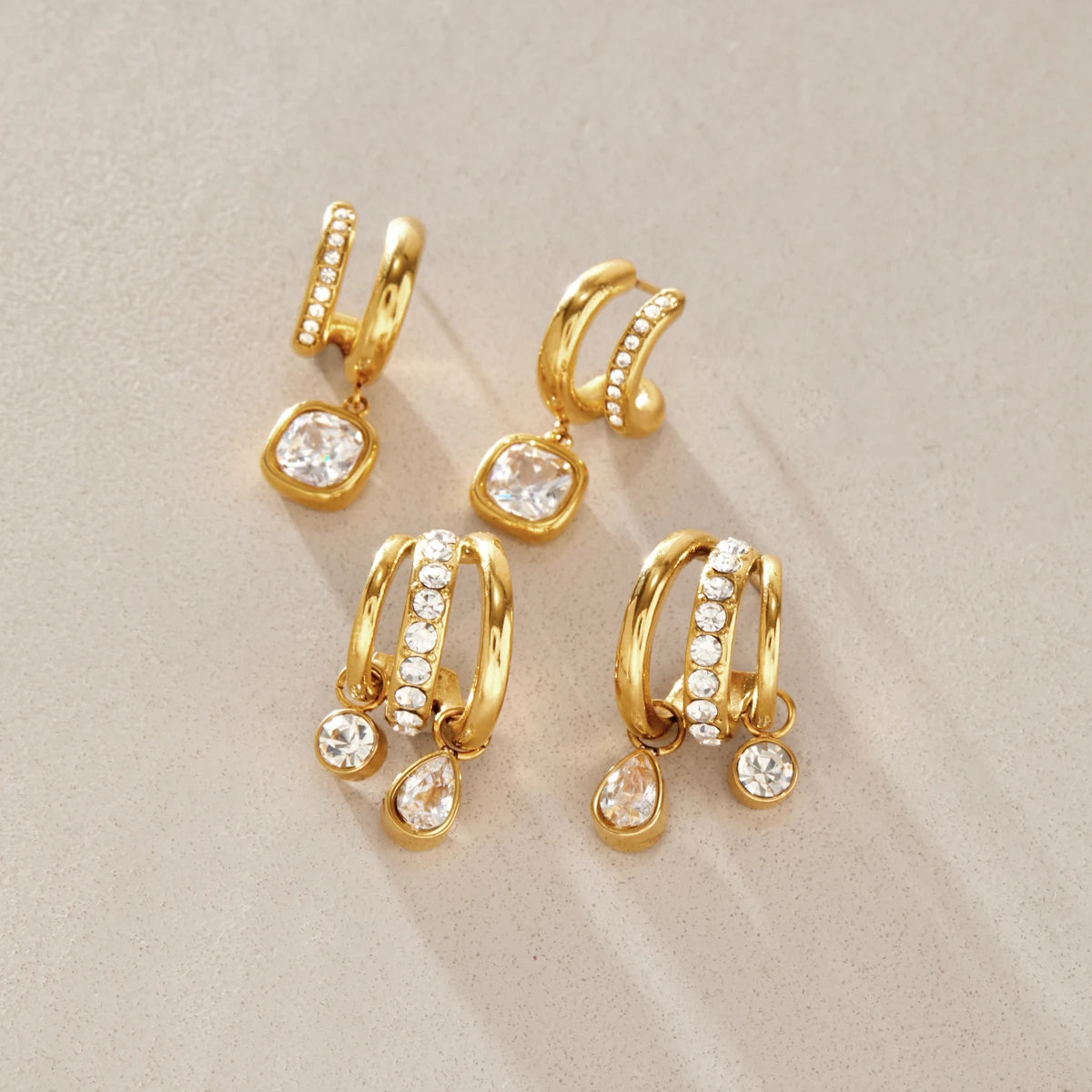 KIKA Water Drop Square Zircon Earrings For Women Minimalist C Shape 18K Gold Plated Stainless Steel 316L