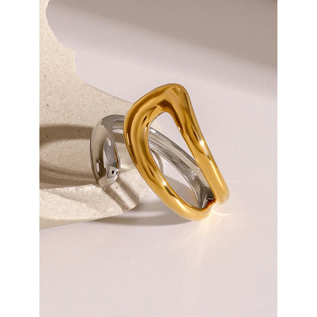 KIKA Stainless Steel Metal Waterproof 18K Gold Thaya Colorblock Cross Asymmetric Open Ring Trendy Jewelry Bagues Pour Femme