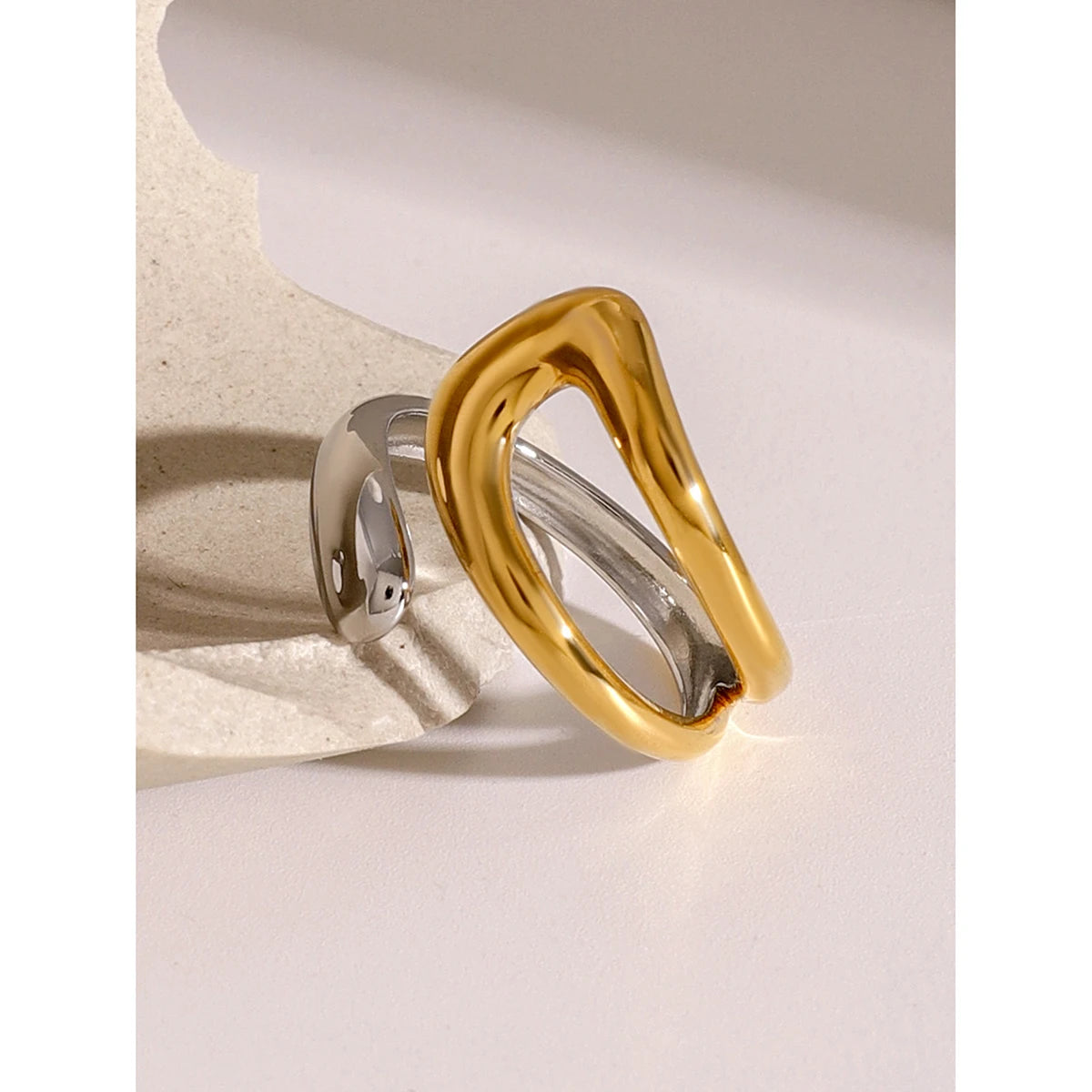KIKA Stainless Steel Metal Waterproof 18K Gold Thaya Colorblock Cross Asymmetric Open Ring Trendy Jewelry Bagues Pour Femme