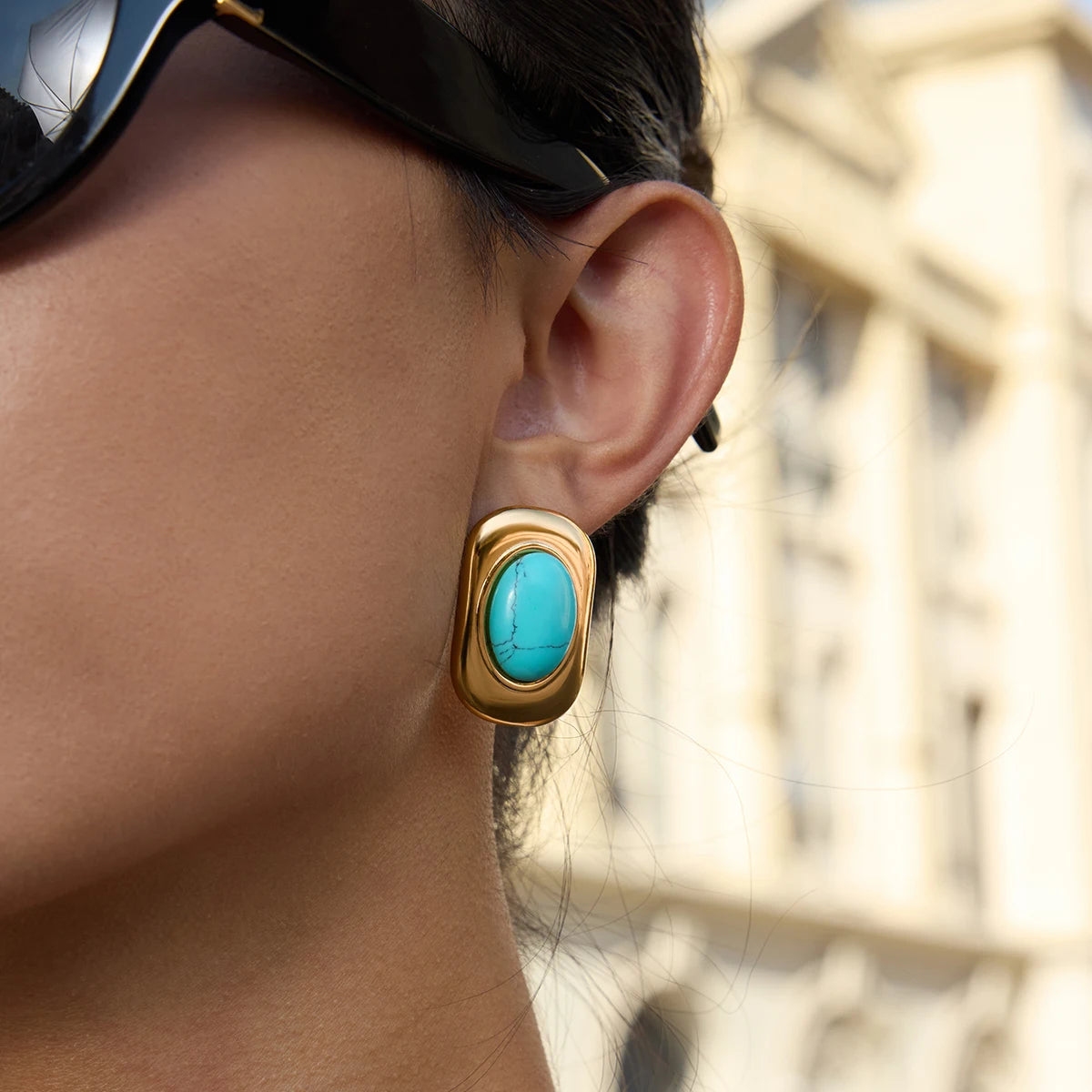 KIKA Vintage PVD Plated Stainless Steel Oval Turquoise Ear Studs Exaggerated Oversized Autumn And Winter Earrings