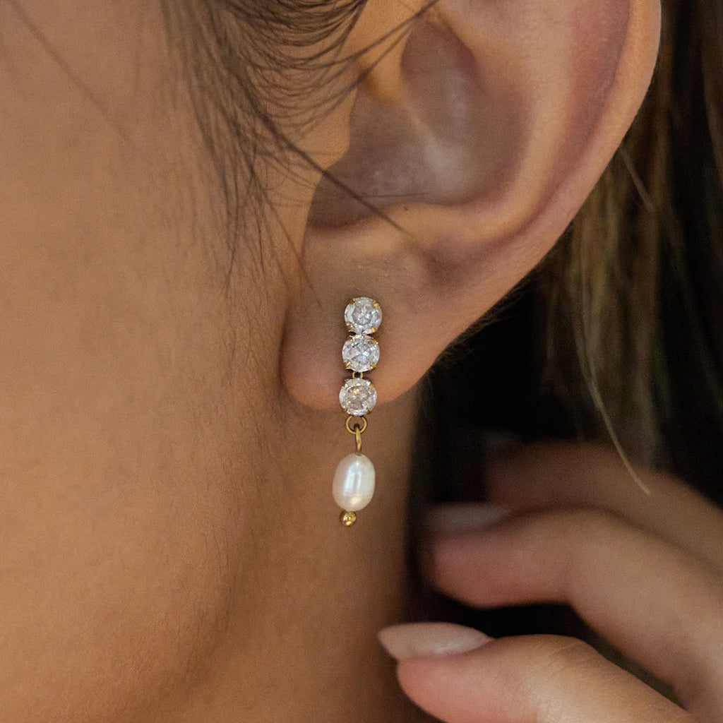 Kika Elegant Square White Zircon Freshwater Pearl Pendant Earrings