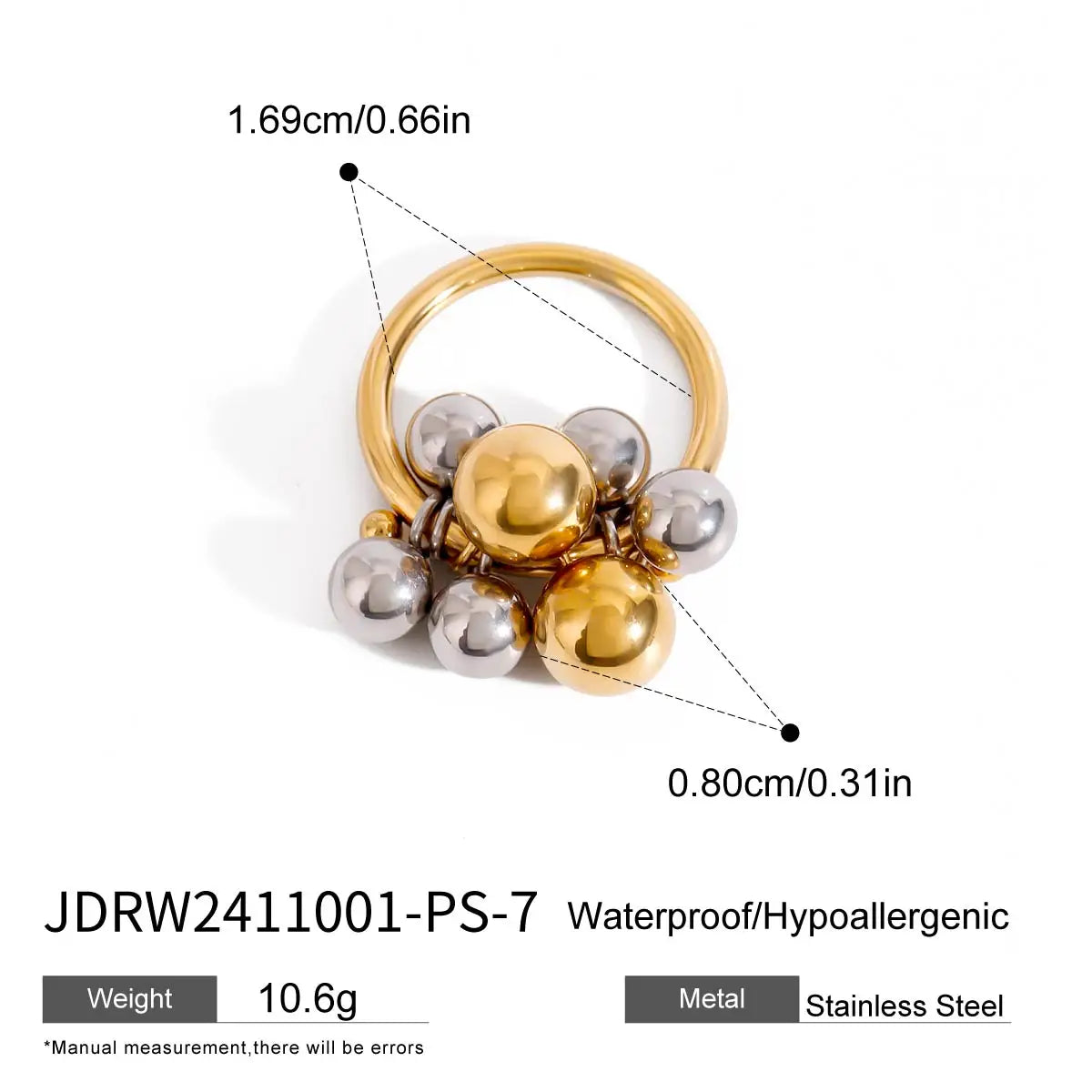 Kika Fashion Little Steel Ball Ring Stainless Steel 18K Gold Plated Stackable Women's Jewelry Gift for Her