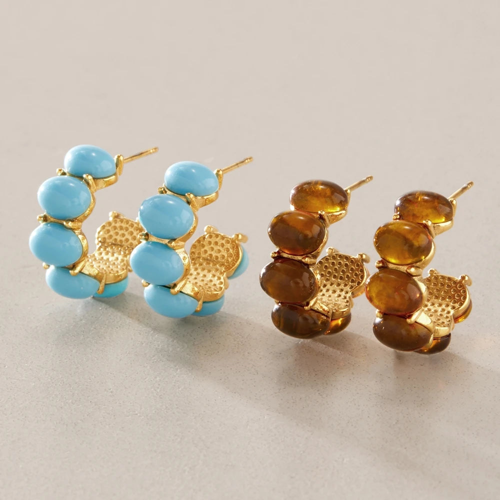 KIKA Vintage Turquoise Resin C Shape Stud Earrings For Women 18K Gold PVD Plated Stainless Steel 316L