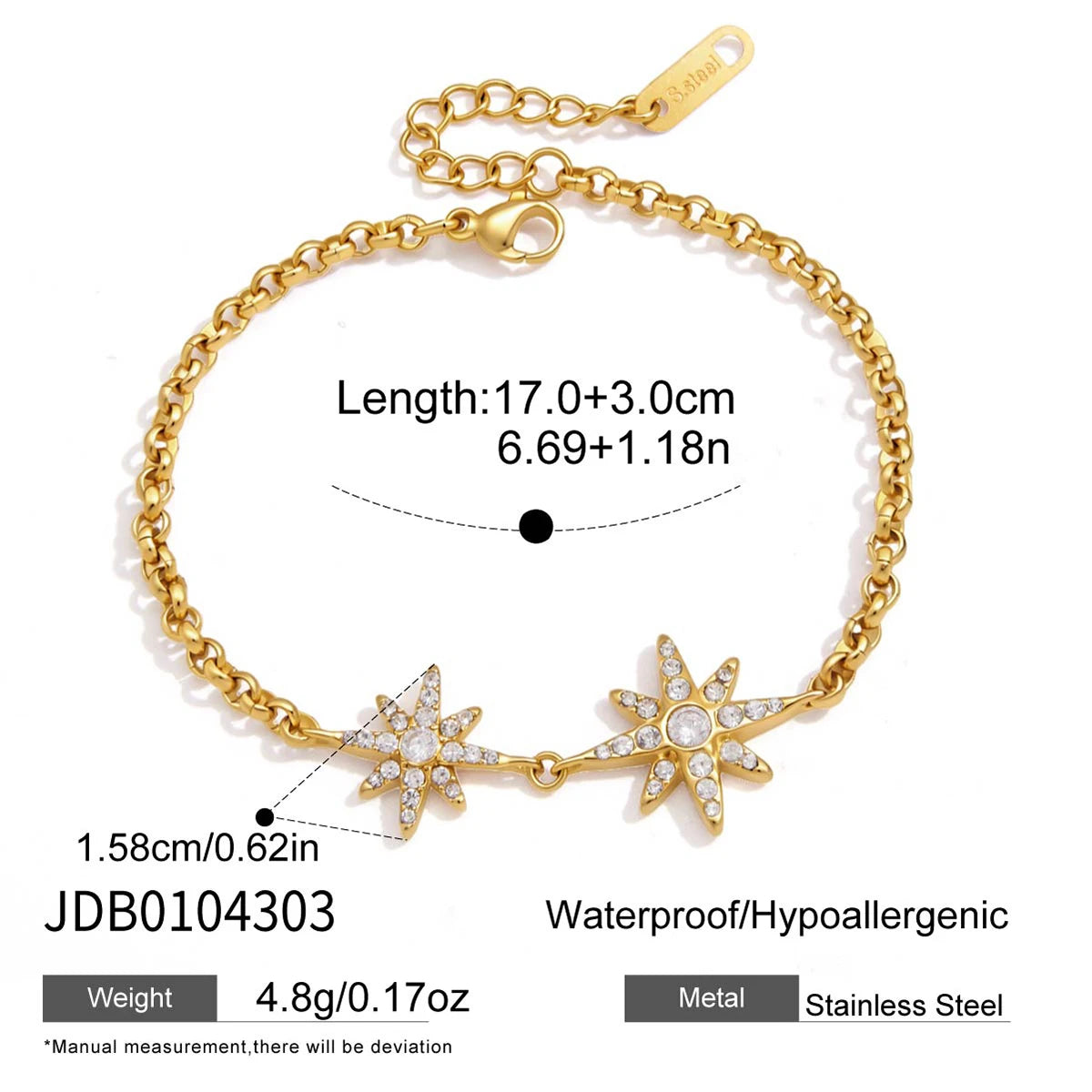 KIKA Classic Crystal Zircon Star Bracelet  18K Gold PVD Plated Stainless Steel 316L