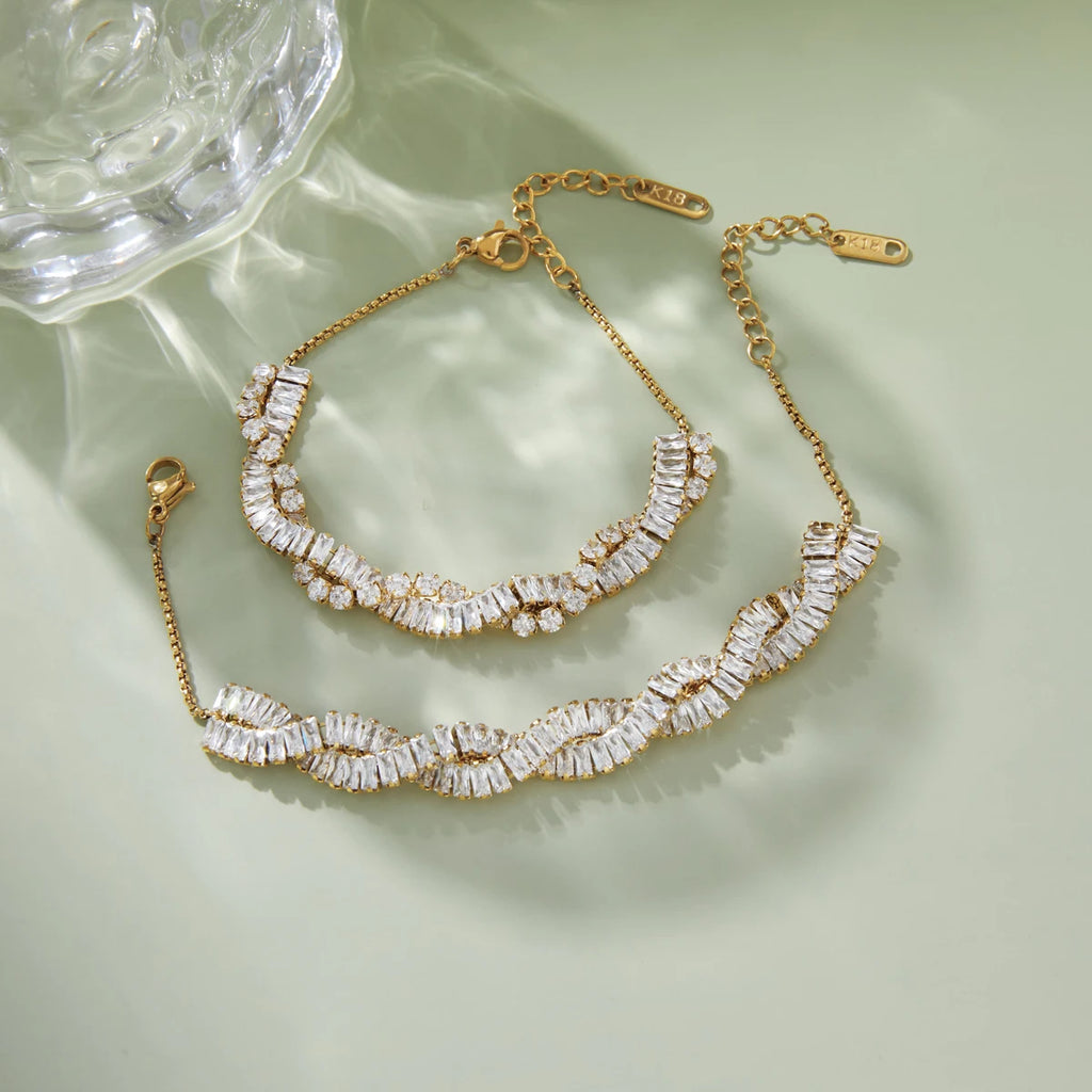 KIKA Delicate White Double-Layer Geometric Square Circular Zircons Winding Bracelet  Stainless Steel 316L