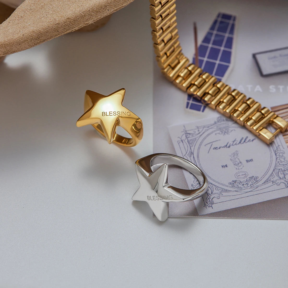 Simple Classic BLESSING Smooth Pentagram Ring Stainless Steel 316L Star