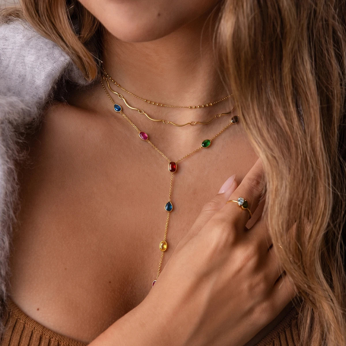 Kika Multicolor Geometric Zircon Y Shape Chain Necklace PVD Plated Stainless Steel