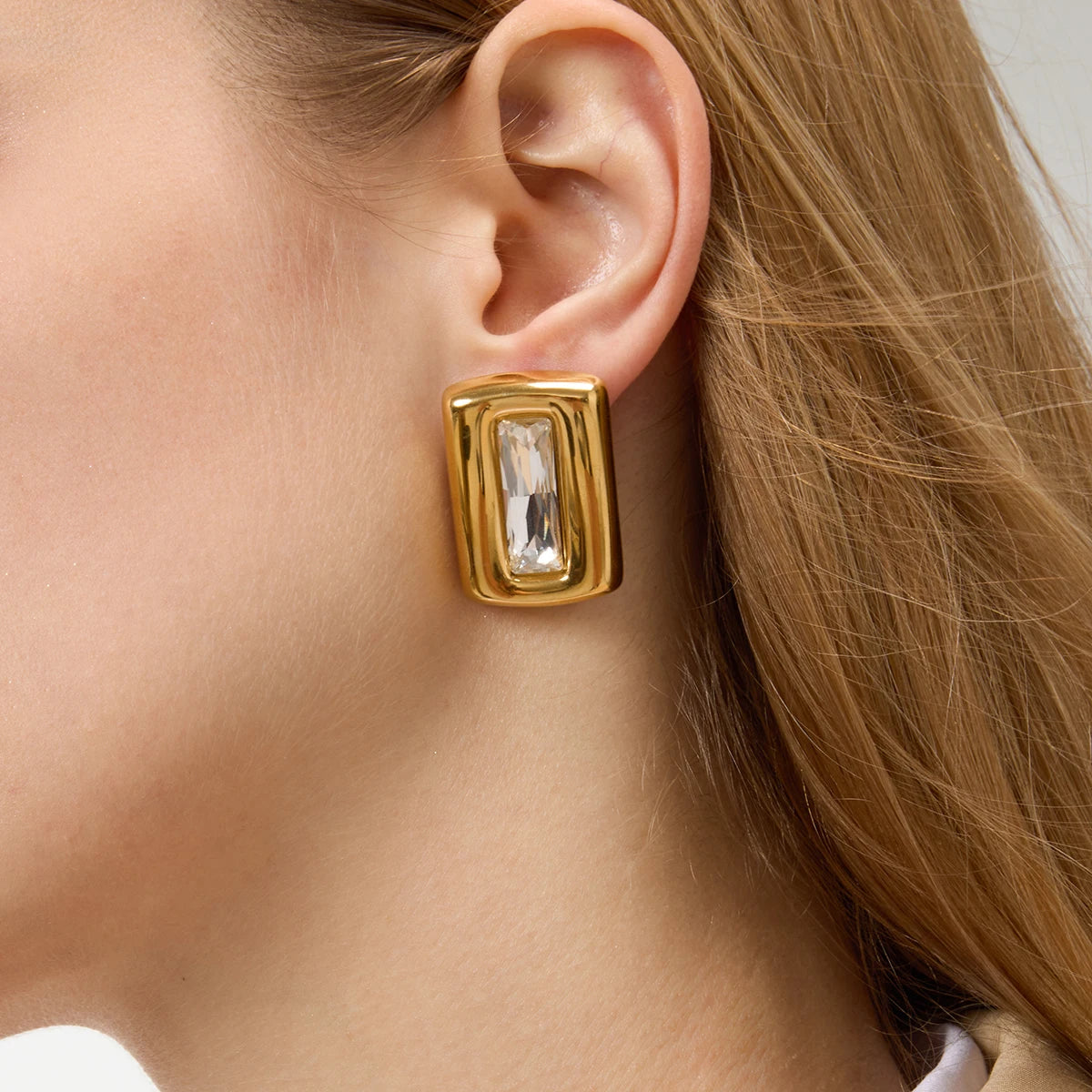 KIKA Vintage Gold Color Square Shape With Zircon Earring  PVD Plated Stainless Steel 316L