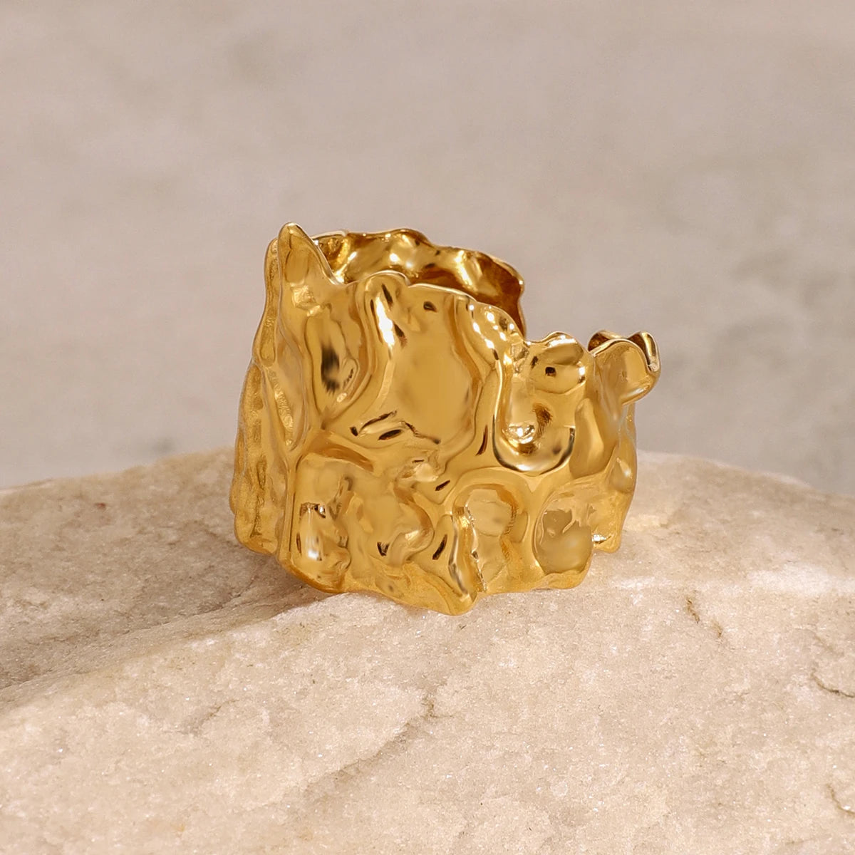 kika Stainless Steel With 18k Gold Color Plated Hammered Wide Open Ring