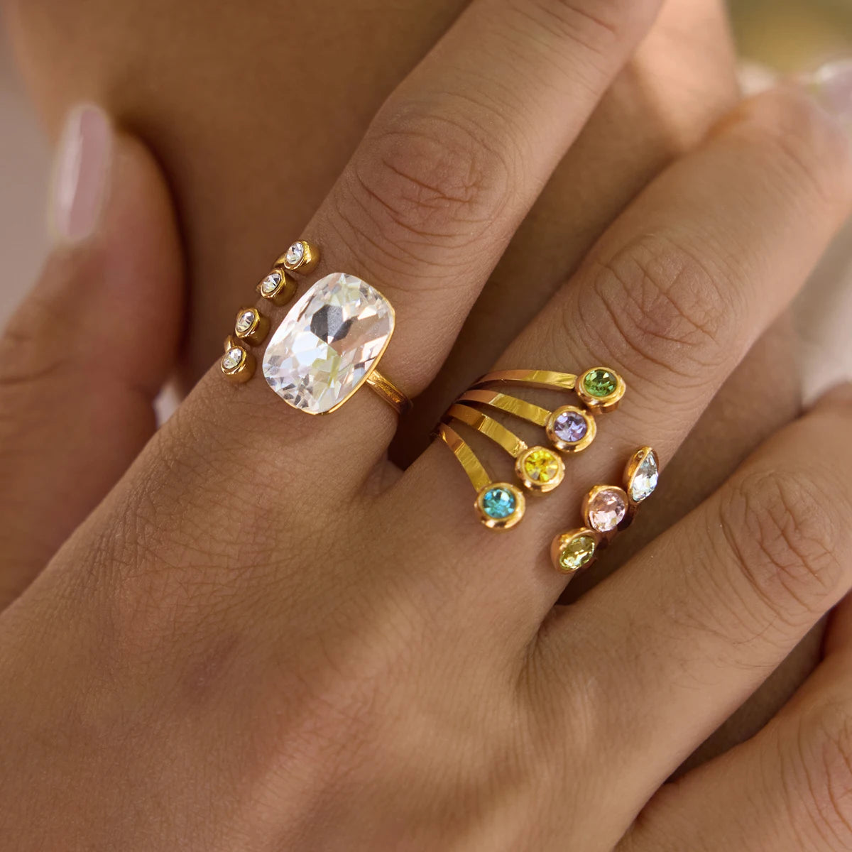 KIKA Elegant Geometric Crystal Open Rings Gold PVD Plated Stainless Steel 316L