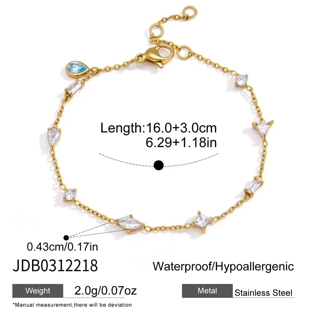 KIKA Delicate White Blue Geometric Droplet Shaped Zircon Bracelet PVD Gold Plated Stainless Steel 316L