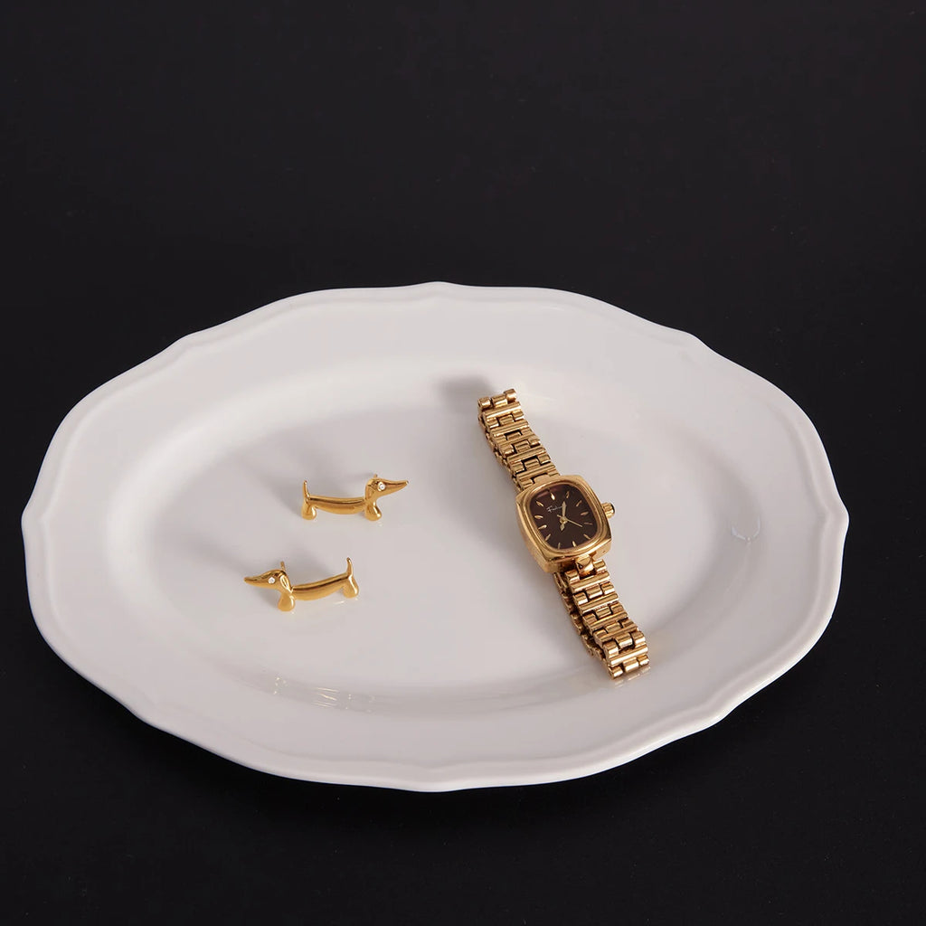 Kika White Rhinestone Sausage Dog Puppy Earrings