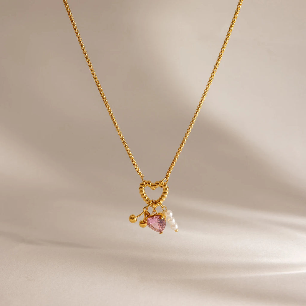 Kika Delicate Pink Heart-Shaped Zircon Pendant With Acrylic Pearl Cherry Charm Layered Necklace