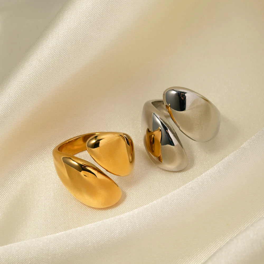 Kika Stainless Steel Glossy Asymmetric Open Ring Ring Statement Metalic Texture 18 K Women Ring Accessories Party Gift New