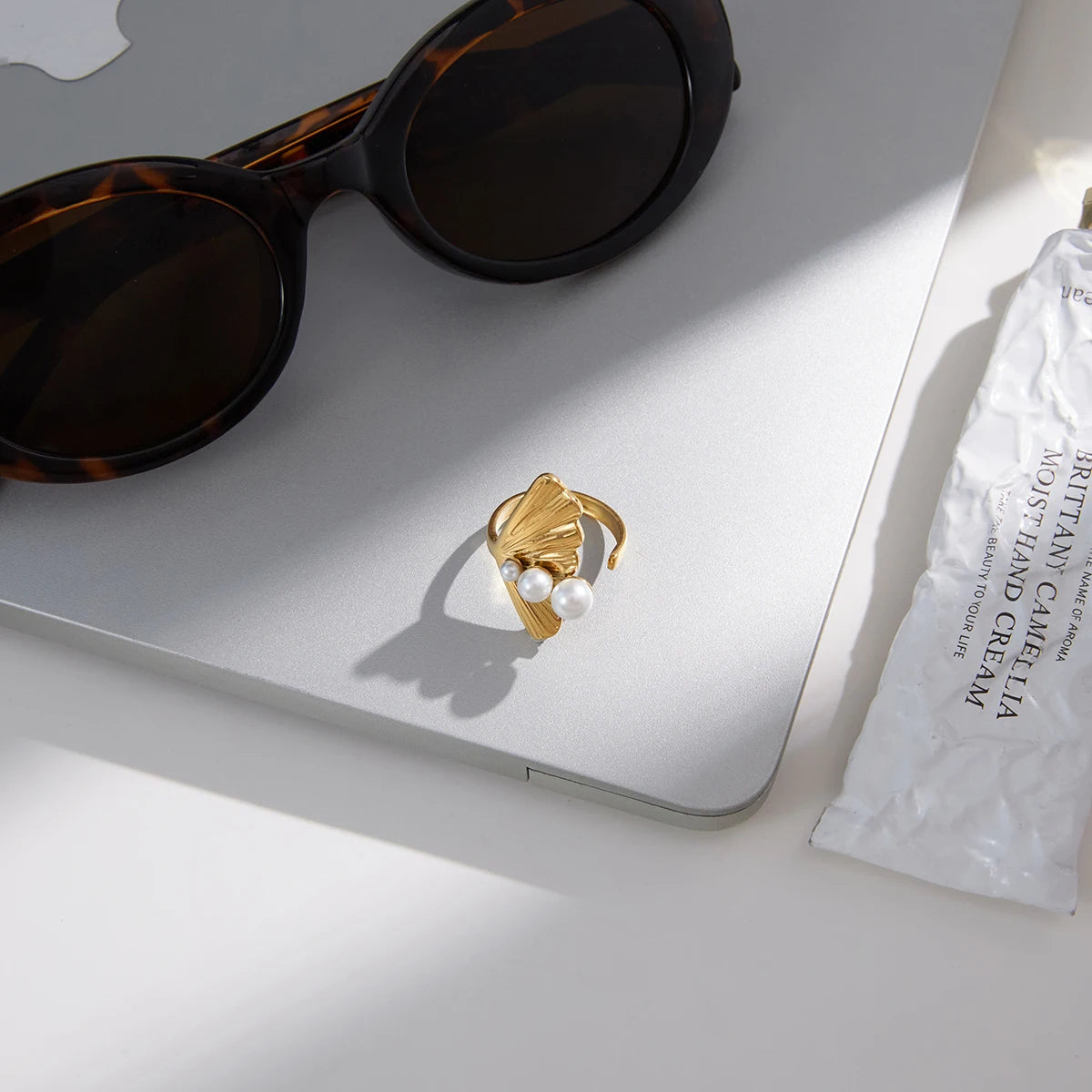 Kika Classic Imitation Pearl Ginkgo Leaf Opening Ring For Women 18K Gold Plated Stainless Steel