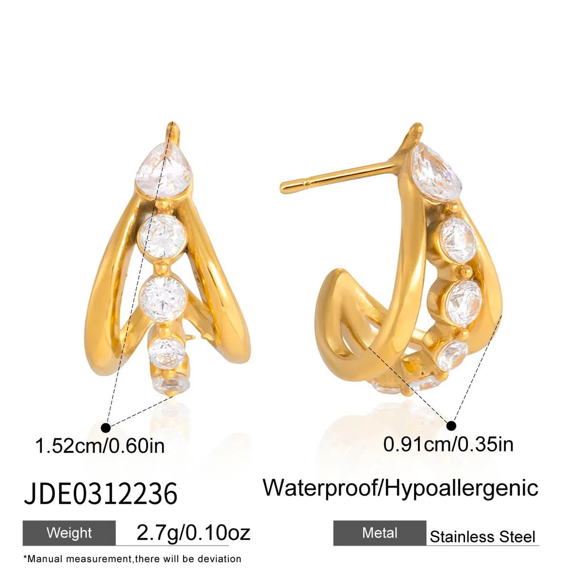 KIKA Delicate Zircon C Shape Stud Earrings PVD 18K Gold Plated Stainless Steel 316L