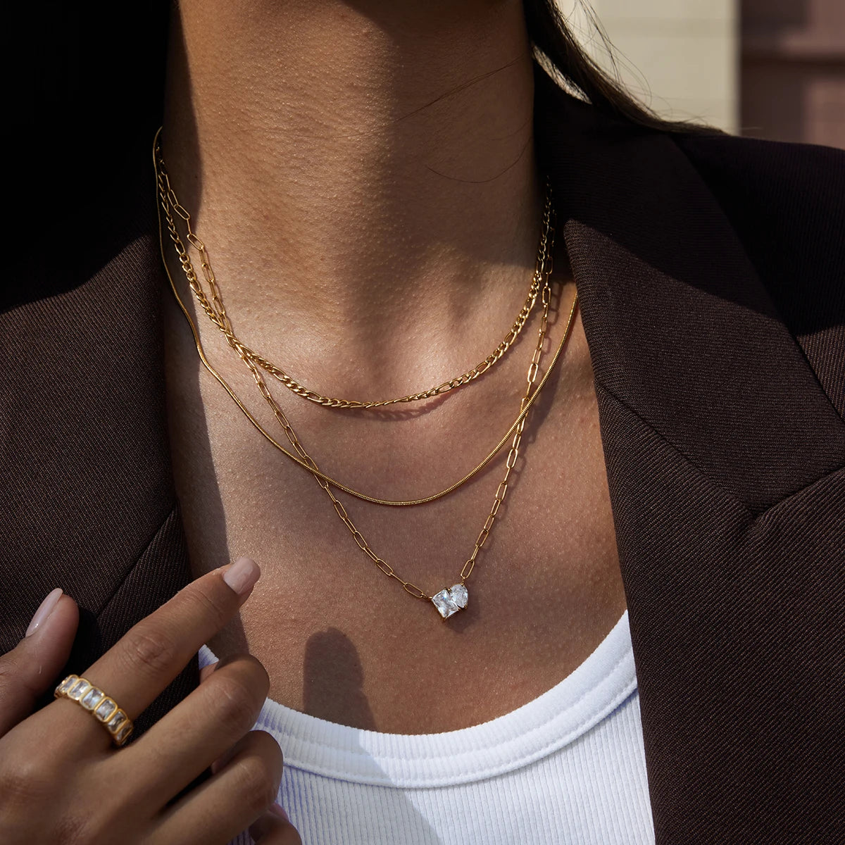Kika Simple Classic 18K Gold Color Plated Stainless Steel Square White Zircon Water Drop Pendant Necklace