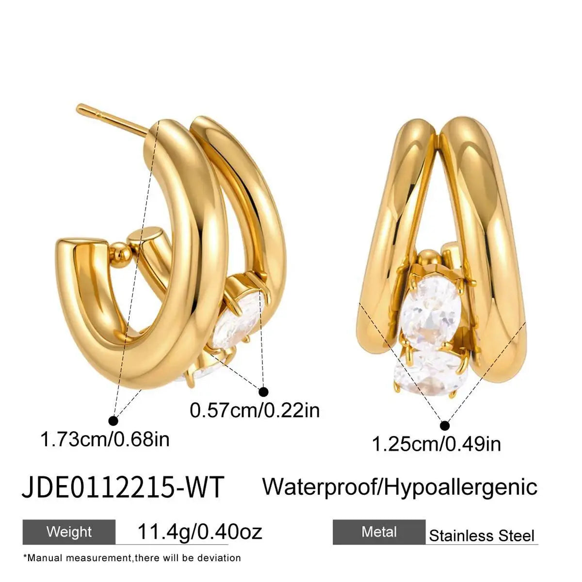 KIKA Delicate Zircon C Shape Stud Earrings PVD 18K Gold Plated Stainless Steel 316L
