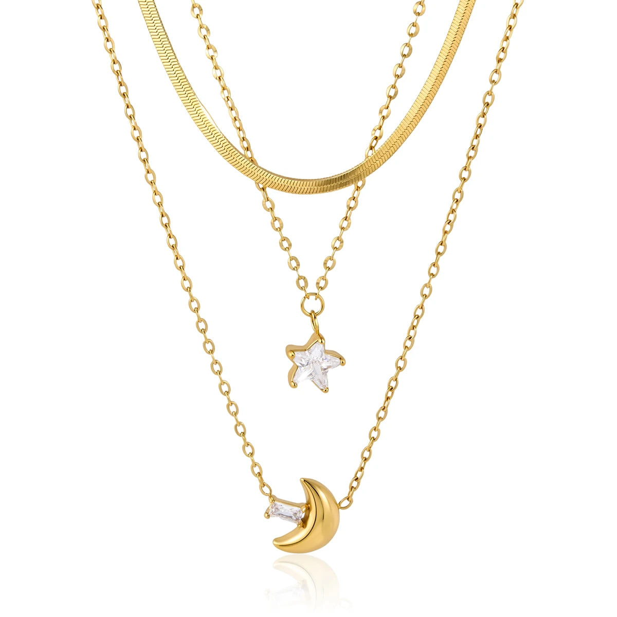 Kika Delicate Square White Zircon Moon Star Pendant With Three Layers Chain Necklaces
