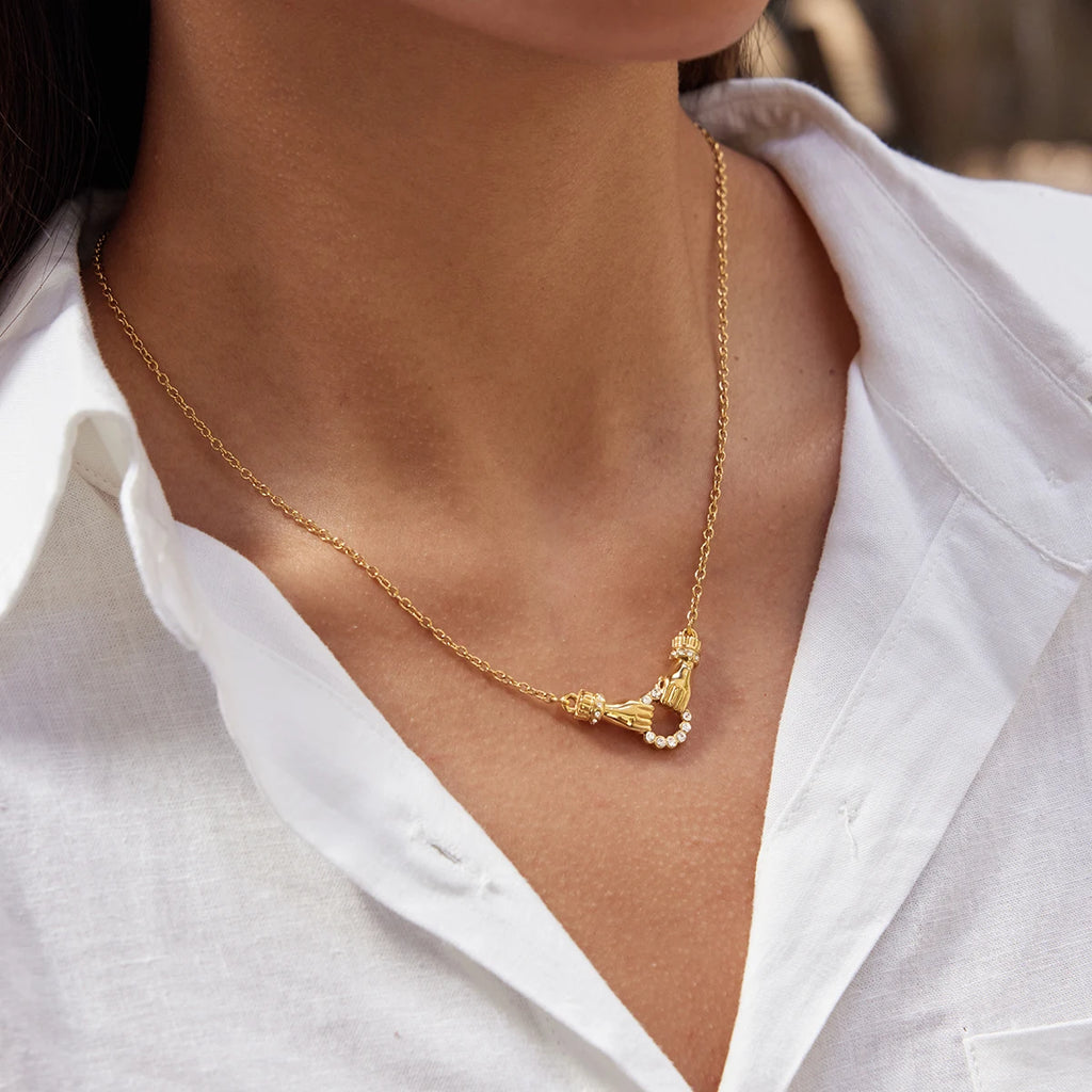 kika White Rhinestone Friendship Hand Shape Round Hollow Out Necklace