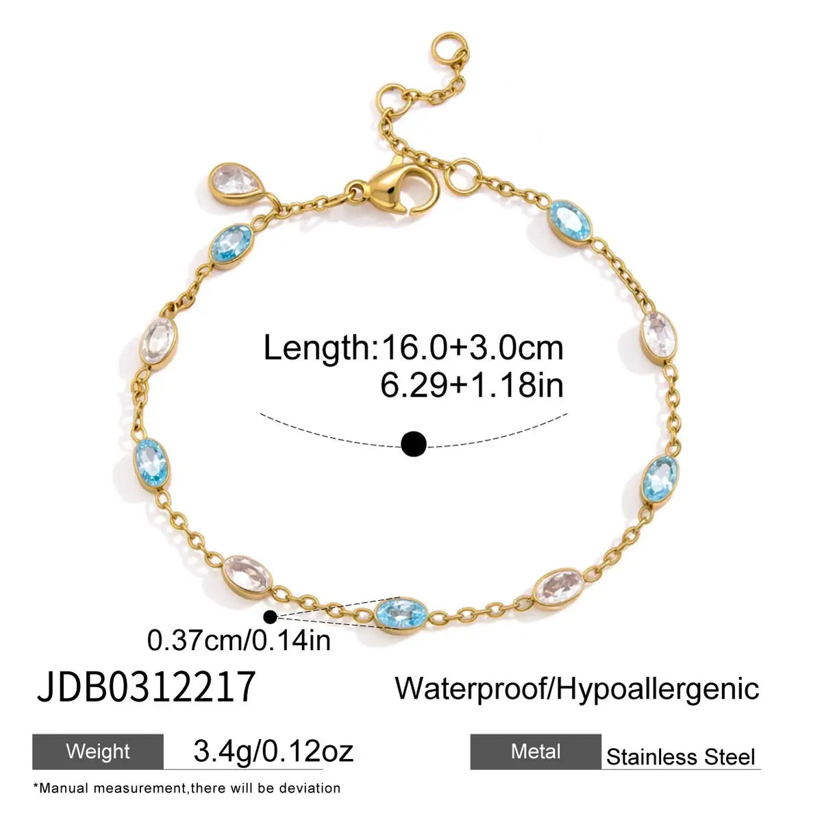 KIKA Delicate White Blue Geometric Droplet Shaped Zircon Bracelet PVD Gold Plated Stainless Steel 316L