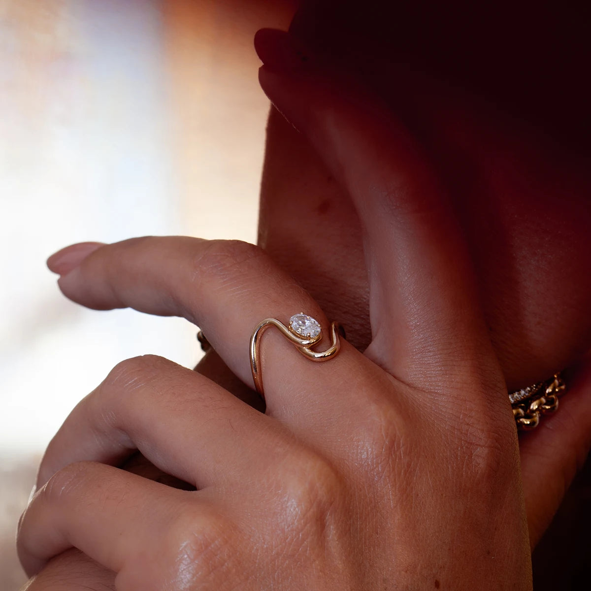 Kika Simple Classic 18K Gold Color Plated Stainless Steel Oval Zircon Line Ring