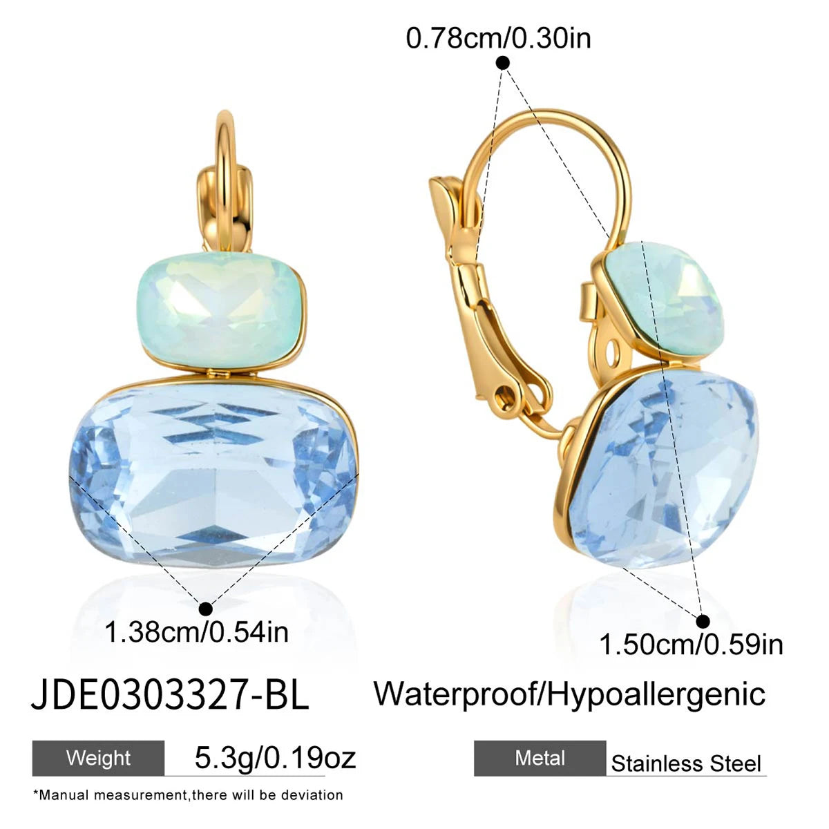 KIKA Delicate Blue White Colord Square Double-Layer Zircons Earrings  PVD Gold Plated Stainless Steel 316L