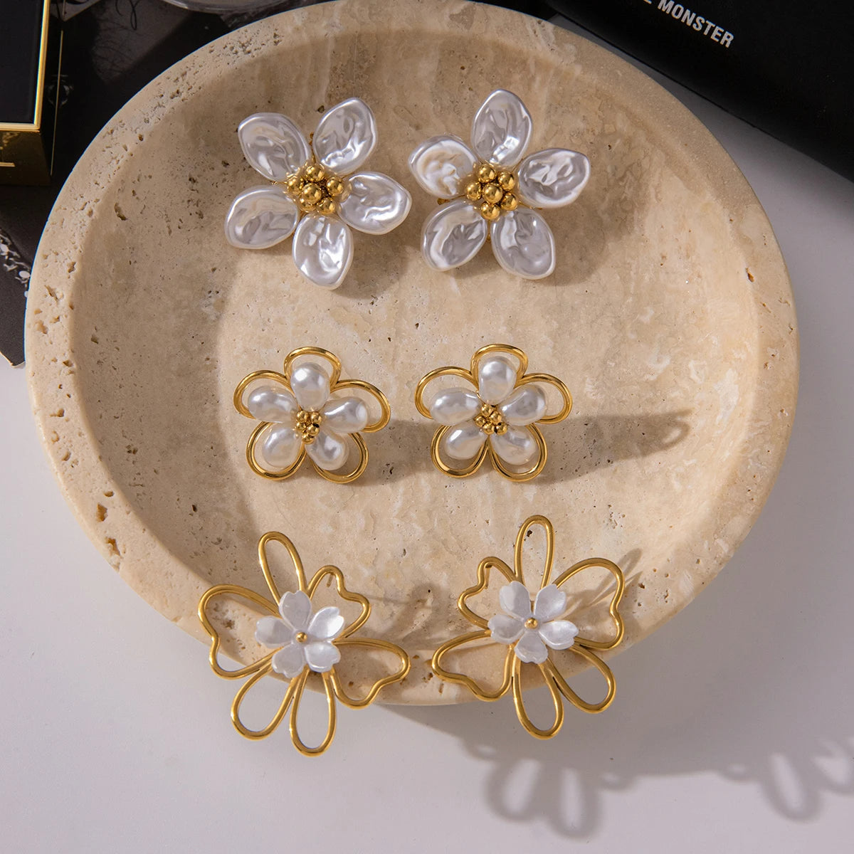KIKA Vintage Elegant 18K Gold Color PVD Plated Stainless Steel 316L Resin Pearl Zircon Maple Leaf Earrings