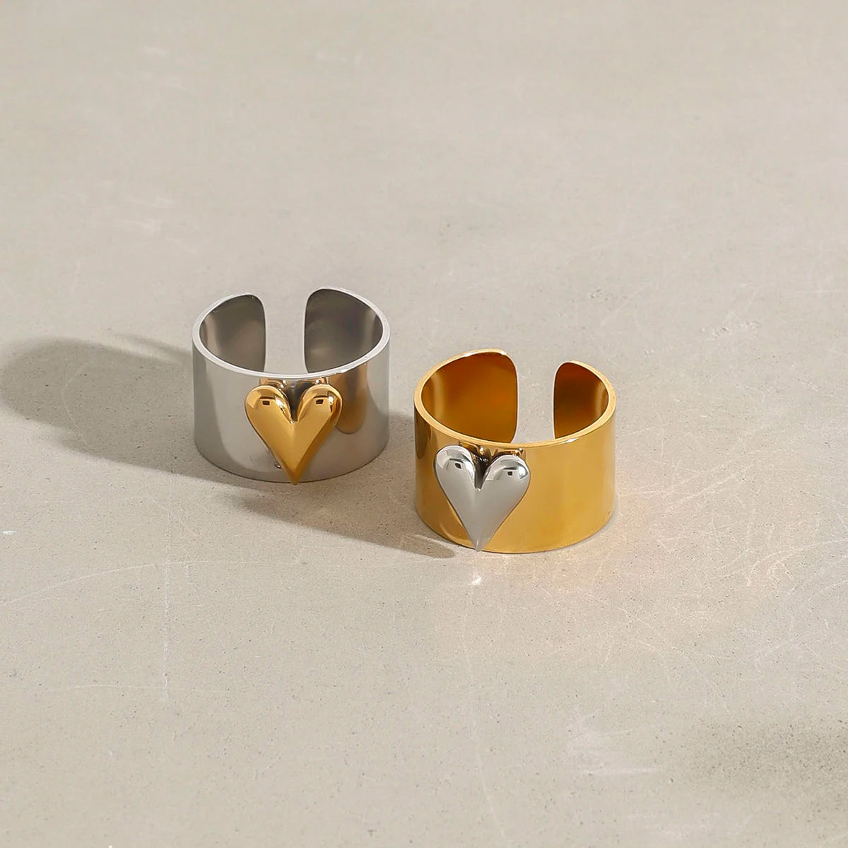 Kika Minimalism Gold And Silver Color Large Heart Cocktail Ring