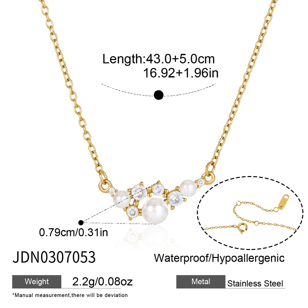 KIKA Delicate Zircon Imitation Pearl Pendant Necklace 18K Gold Plated Stainless Steel 316L