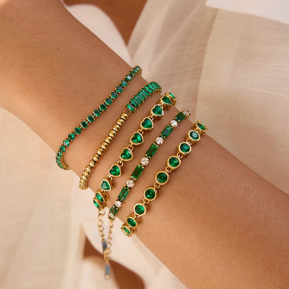 Kika Fashion Trend 18K Gold Color Plated Stainless Steel Rectangular Green Zirconia Chain Bracelet