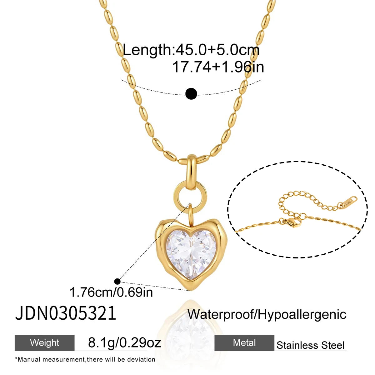 Kika Romantic Heart Zircon Necklace Earrings Jewelry Set 18K Gold PVD Plated Stainless Steel 316L