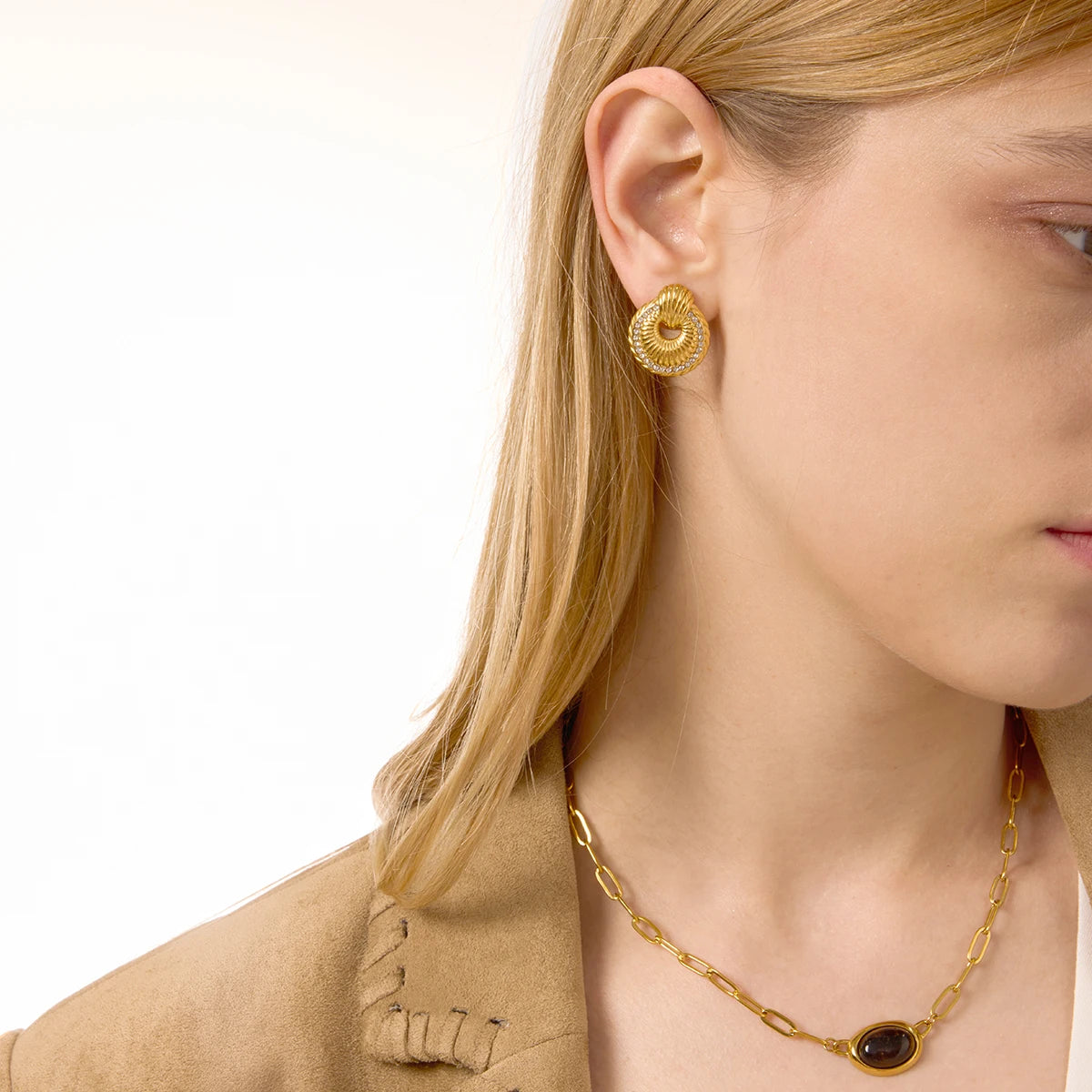 KIKA Simple Classic Round Hollow Thread Bull Horn Earrings 18K Gold Color PVD  Plated Stainless Steel 316L Door Handle Ear Studs