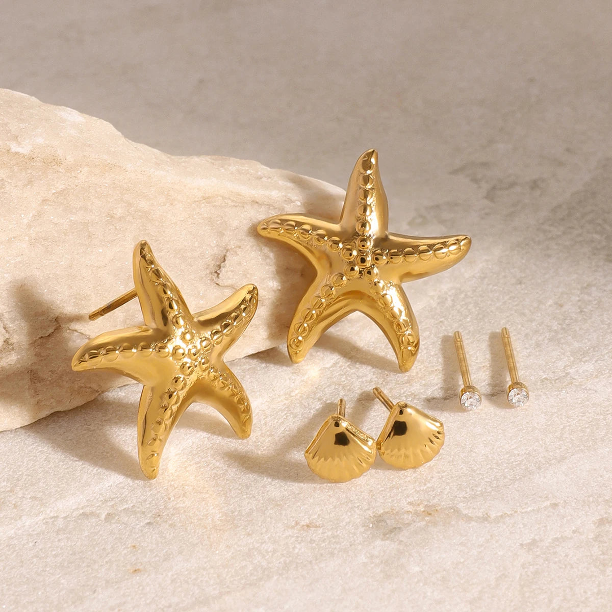 Exquisite 3-Pair Earring Set Shell Starfish Ear Studs Stackable