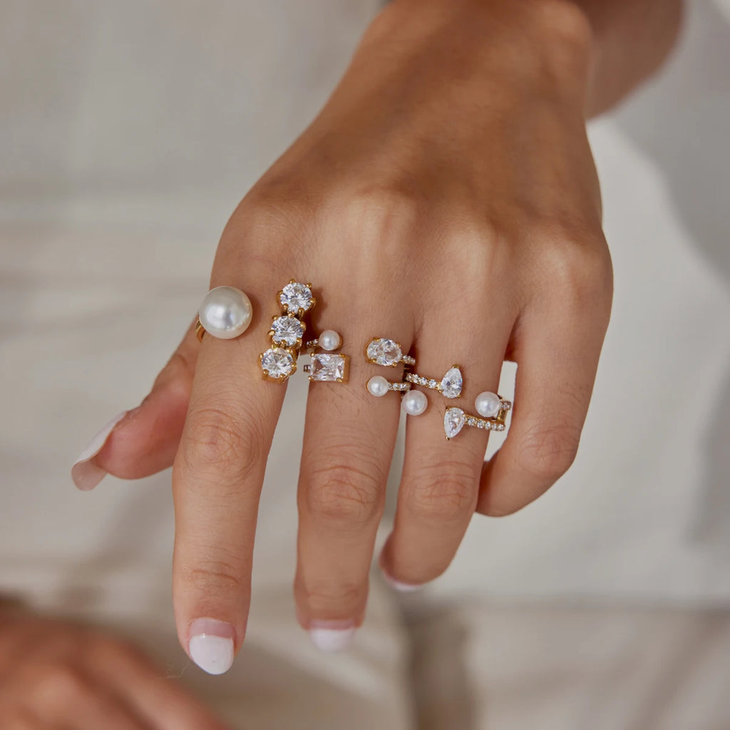 KIKA Elegant Zircon Imitation Pearl Open Rings For Women Minimalist 18K Gold Plated Stainless Steel Rings Fashion Jewelry Gift