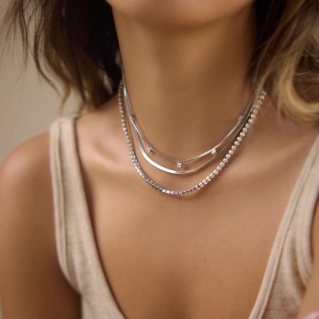 Kika Delicate Steel Color Square White Zircon Pendant Three-Layer Multi-Layer Necklace