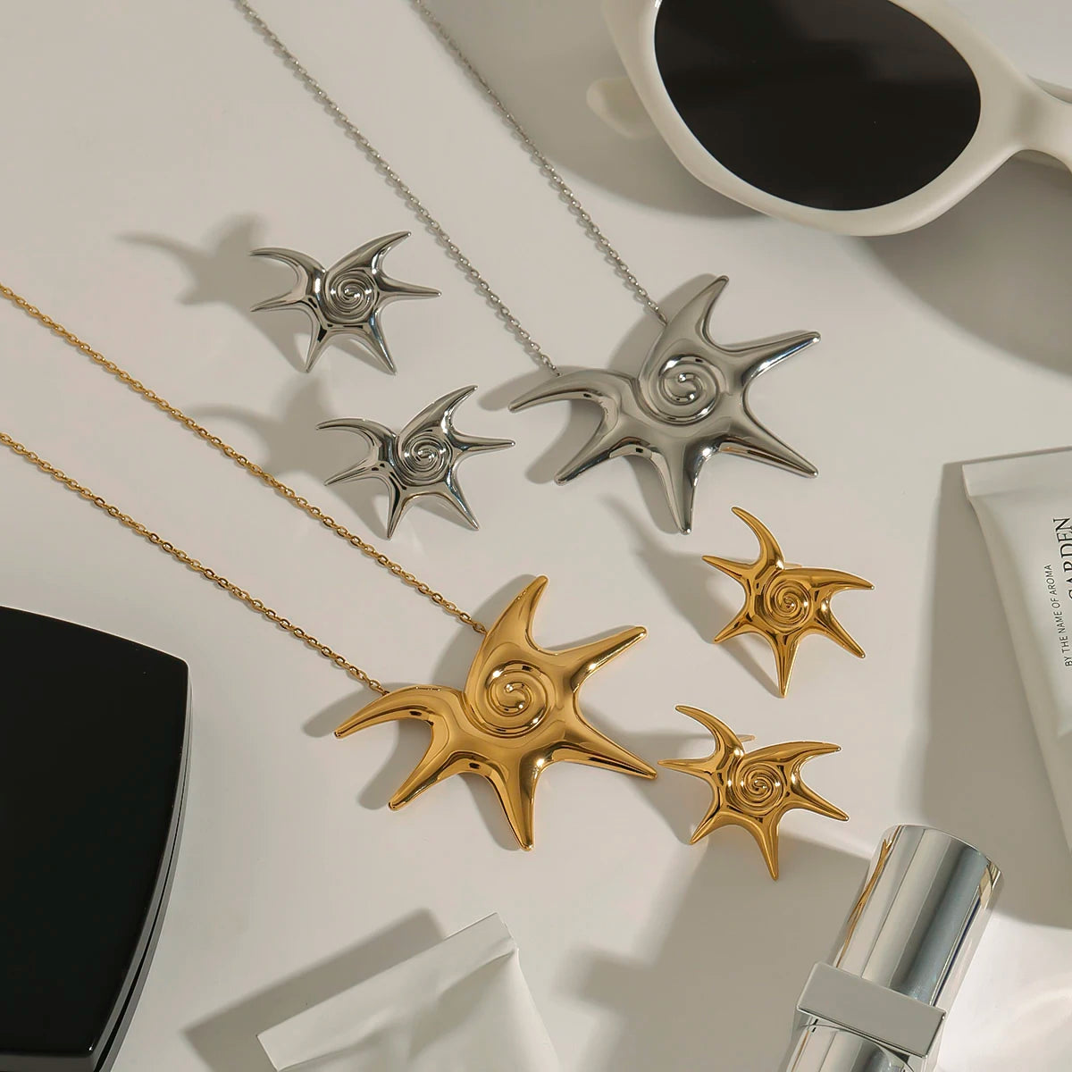 Kika Beach Stainless Steel Starfish Vortex Spiral Ear Studs Star Thread Earrings