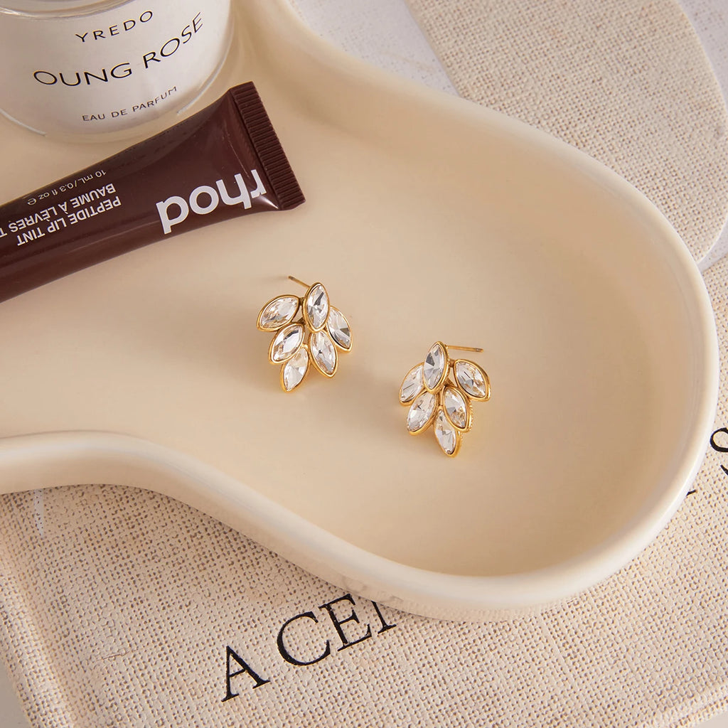 Kika White Rhinestone Leaf Earrings