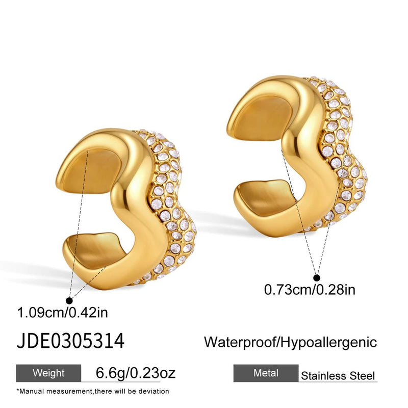 KIKA Iced Out Crystal Wave Shape Non-piercing Ear Clips PVD Plated Stainless Steel 316L