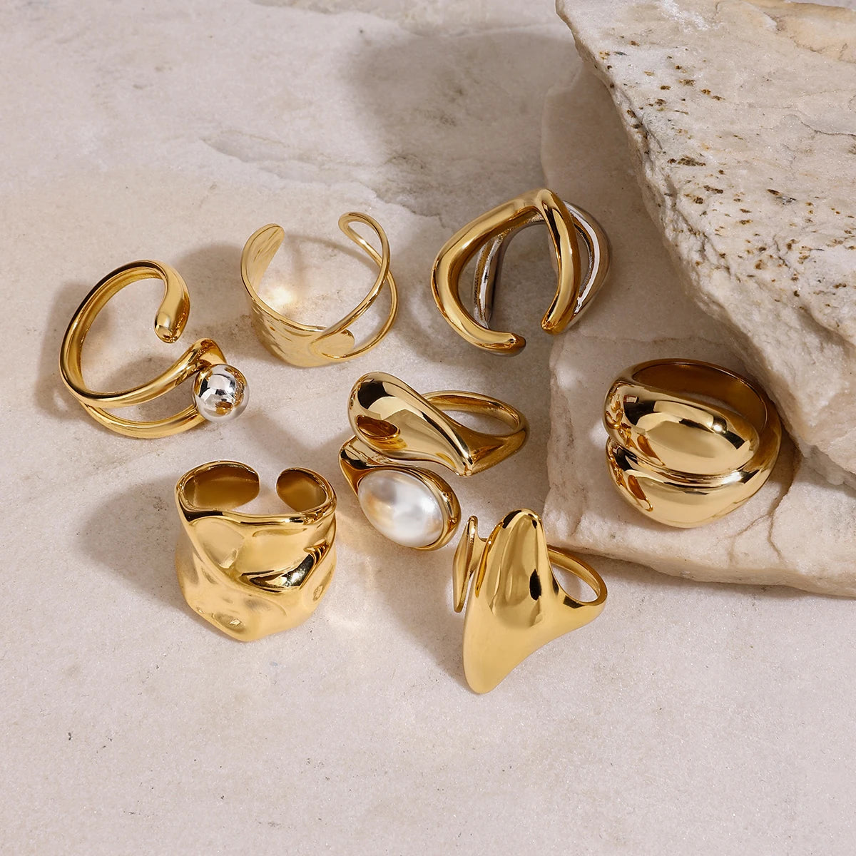 Kika Minimalist 18K Gold Color Plated Stainless Steel Waterdrop Pearl Ring