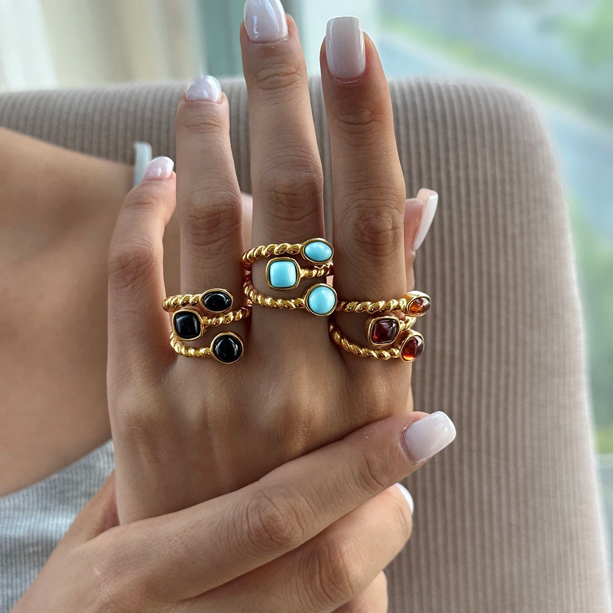 KIKA Vintage Resin Rings For Women Multilayer 18K Gold PVD Plated Stainless Steel 316L Twisted Open Rings Fashion Jewelry Gift