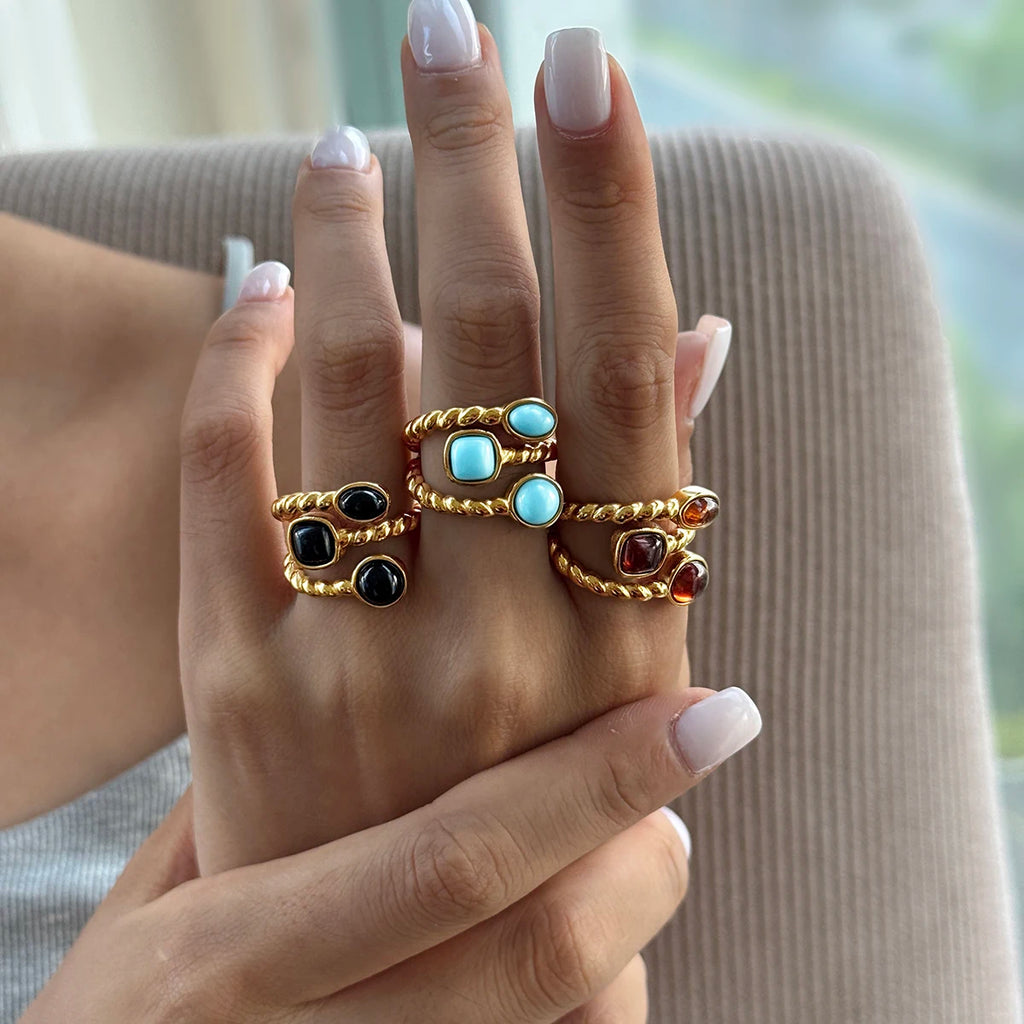 KIKA Vintage Resin Rings For Women Multilayer 18K Gold PVD Plated Stainless Steel 316L Twisted Open Rings Fashion Jewelry Gift